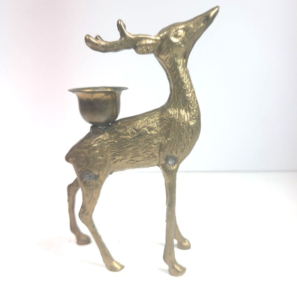 Vintage Brass Deer Reindeer Candlestick Holder Figurine 6x4 Rustic Decor